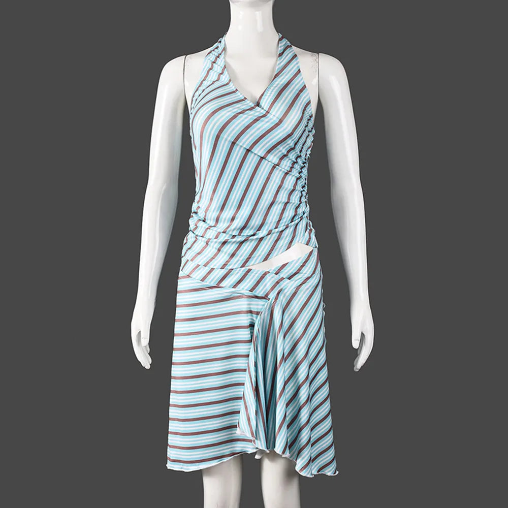 Open Back Halter Crop Top And Striped Skirt Set