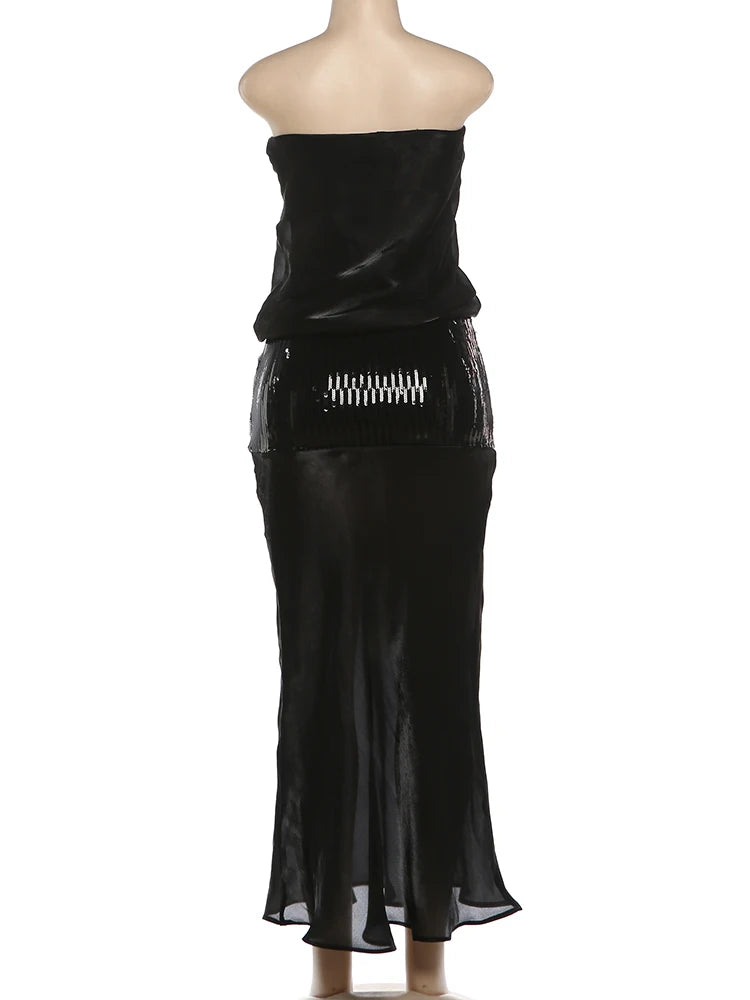 Midnight Peach Sequin Patchwork Maxi Dress Strapless