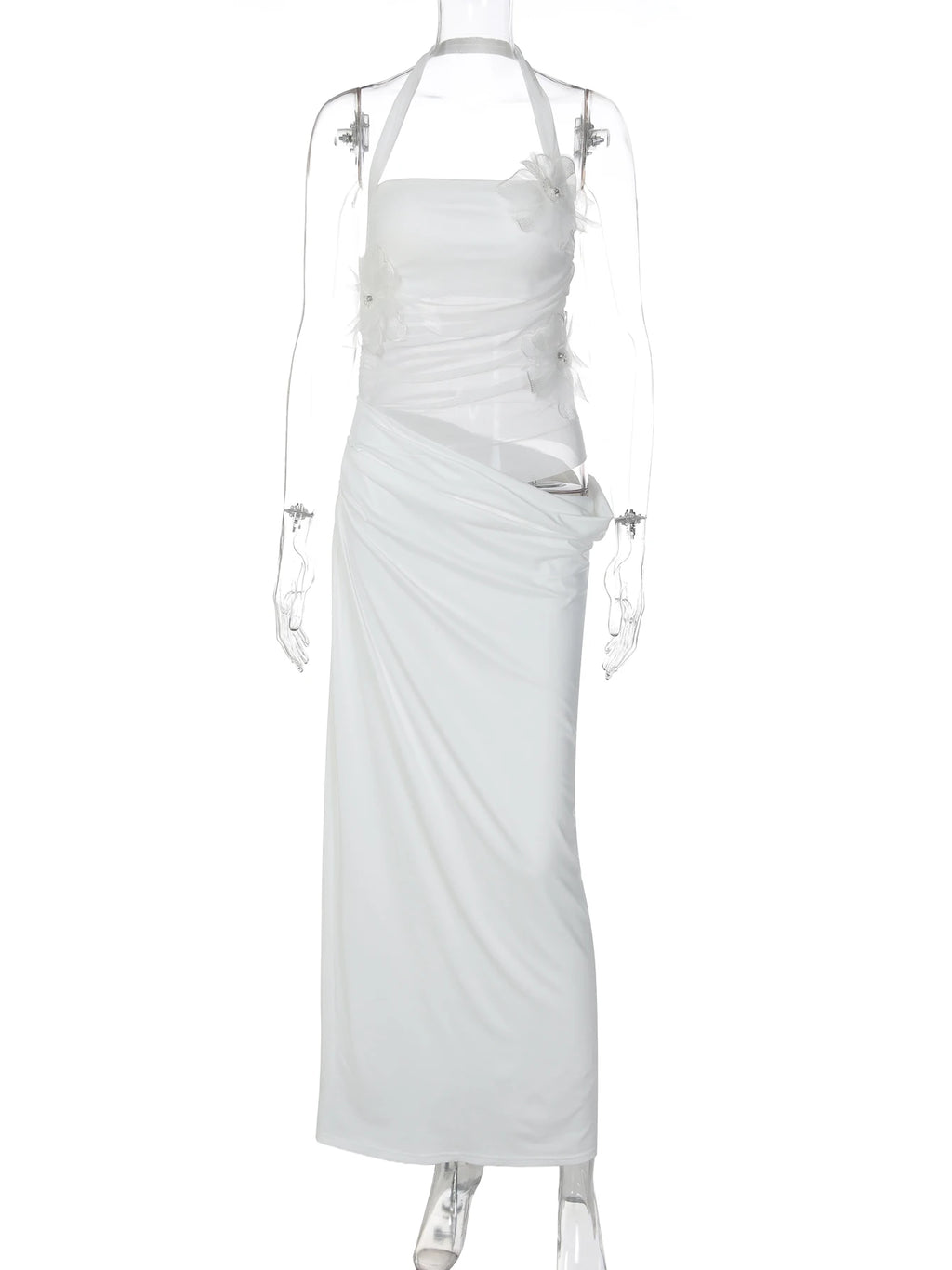 Halter Backless Sheer Mesh Maxi Dress With Floral Embellishment