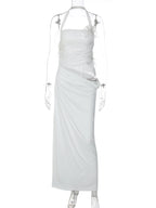 Halter Backless Sheer Mesh Maxi Dress With Floral Embellishment