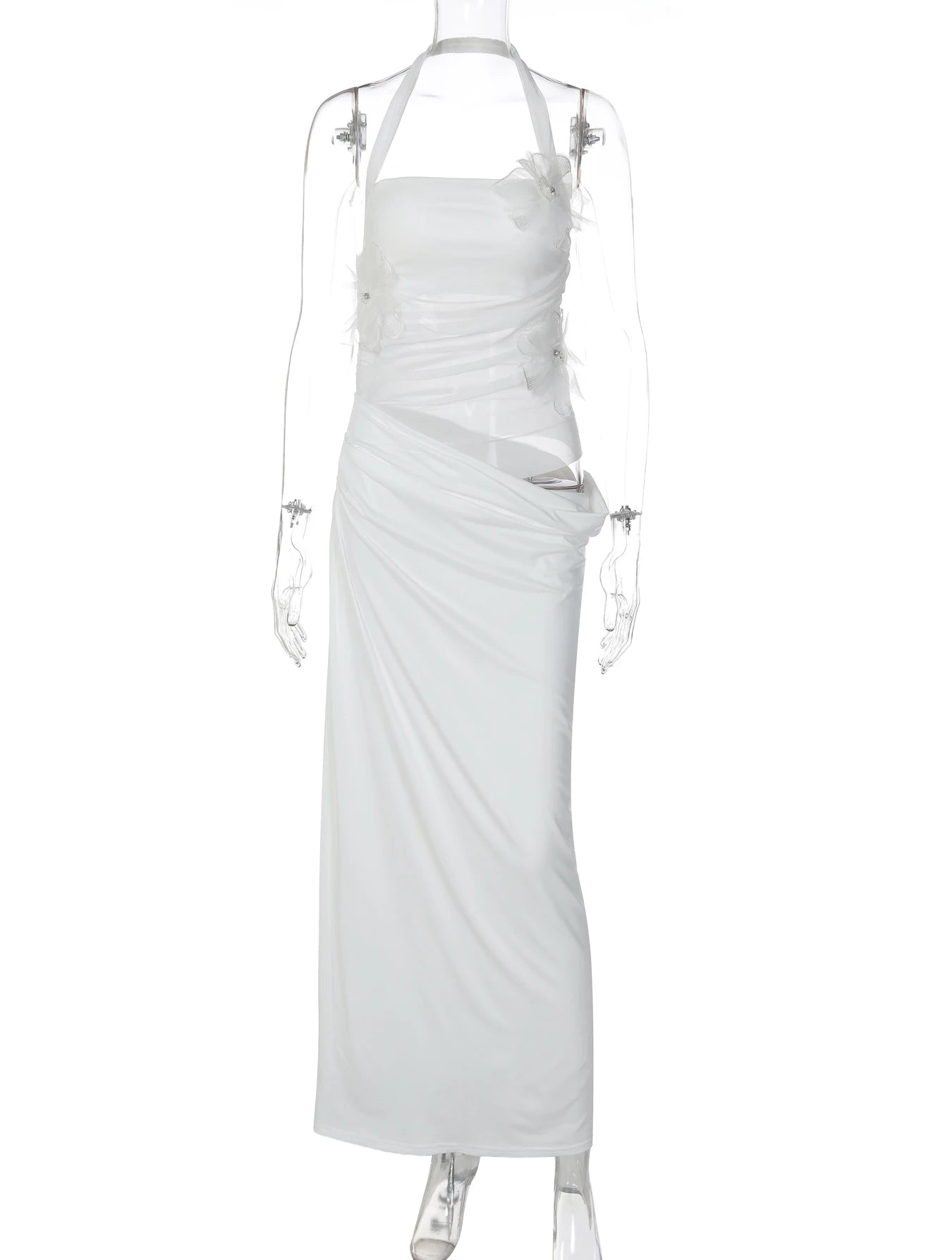 Halter Backless Sheer Mesh Maxi Dress With Floral Embellishment