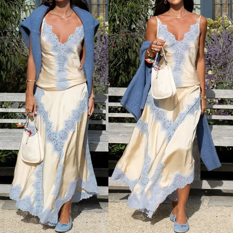 Lace Patchwork Two-piece Set With V-Neck Sling Top And Long Skirt