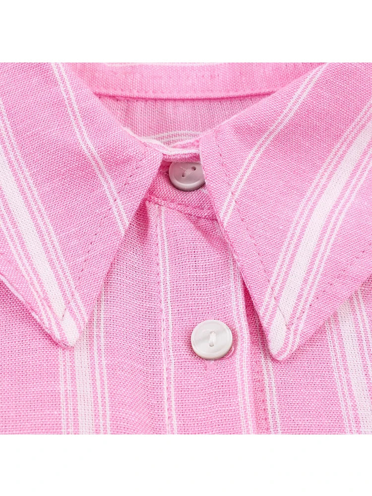 Pink Stripe Shirt Set With Pleated Long Skirt Elegant Two Piece Suit