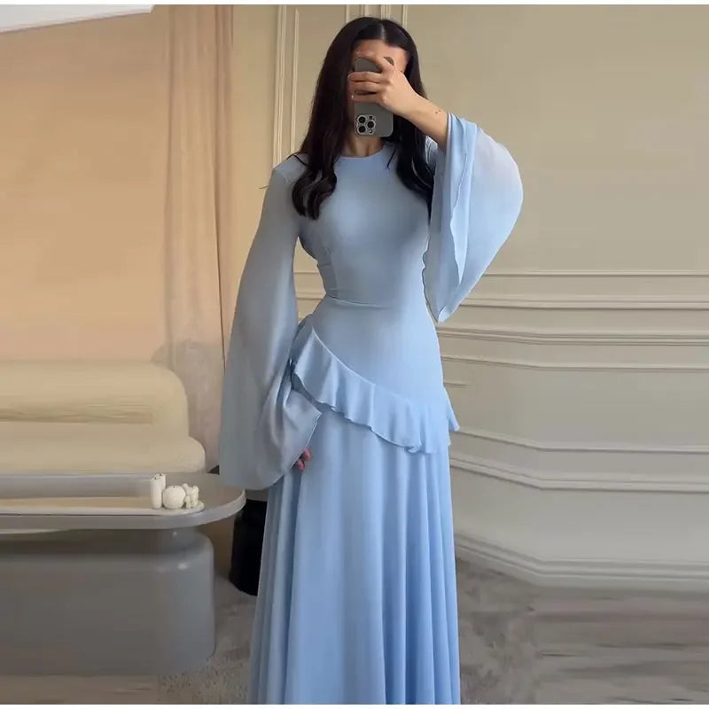 Flare Sleeve Maxi Dress With Ruffle Detail O Neck High Waist Pleated