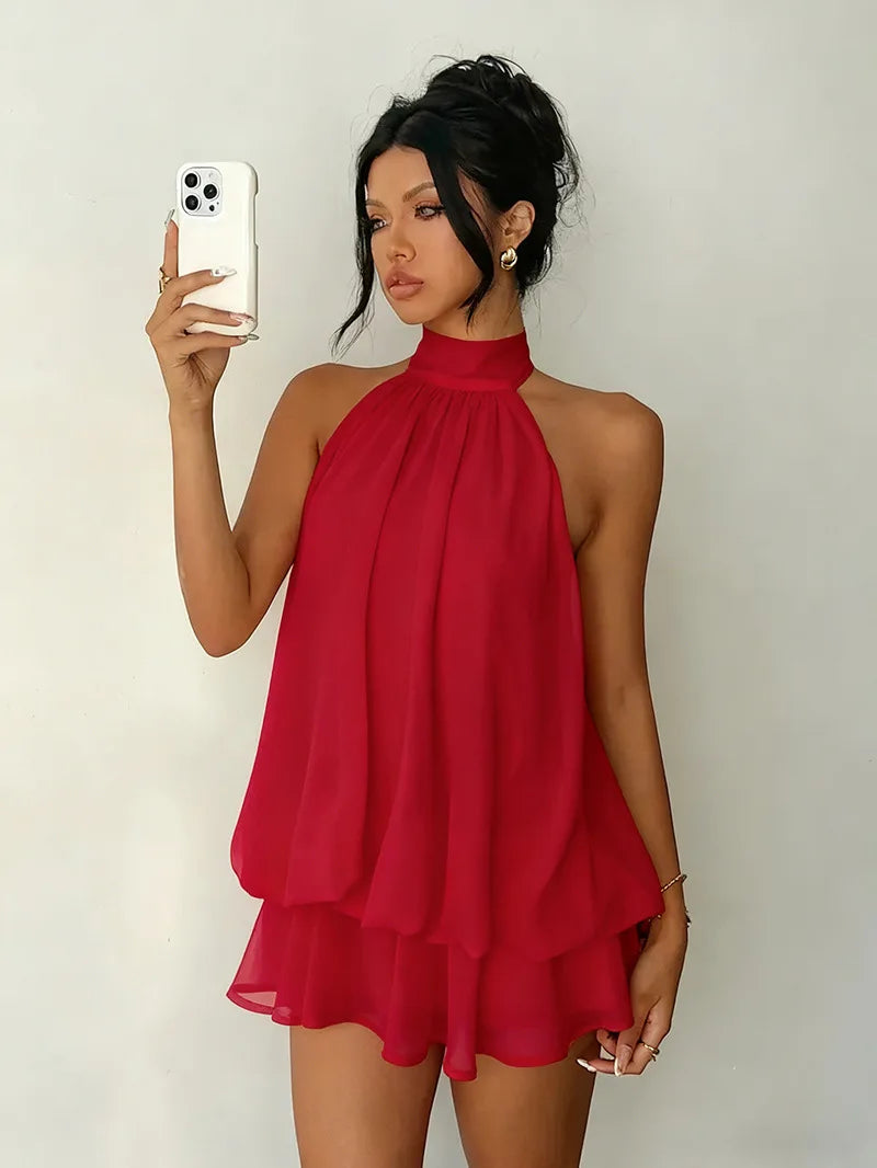 Women's Halter Neck Chiffon Mini Dress - Backless Tie-Front