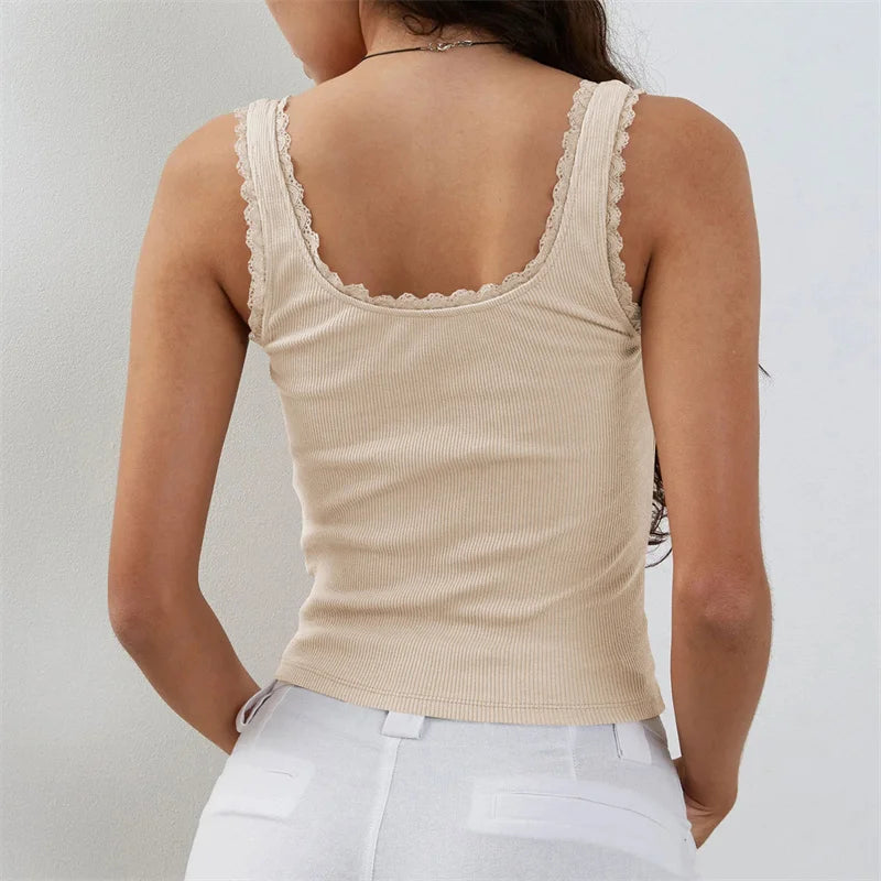 Coquette Lace Trim Knit Crop Top With Bow Sleeveless Square Collar
