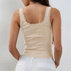 Coquette Lace Trim Knit Crop Top With Bow Sleeveless Square Collar