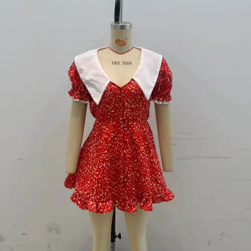 Romantic Red Floral Peter Pan Collar Dress With Puff Sleeves V Neck Button Front A Line Mini