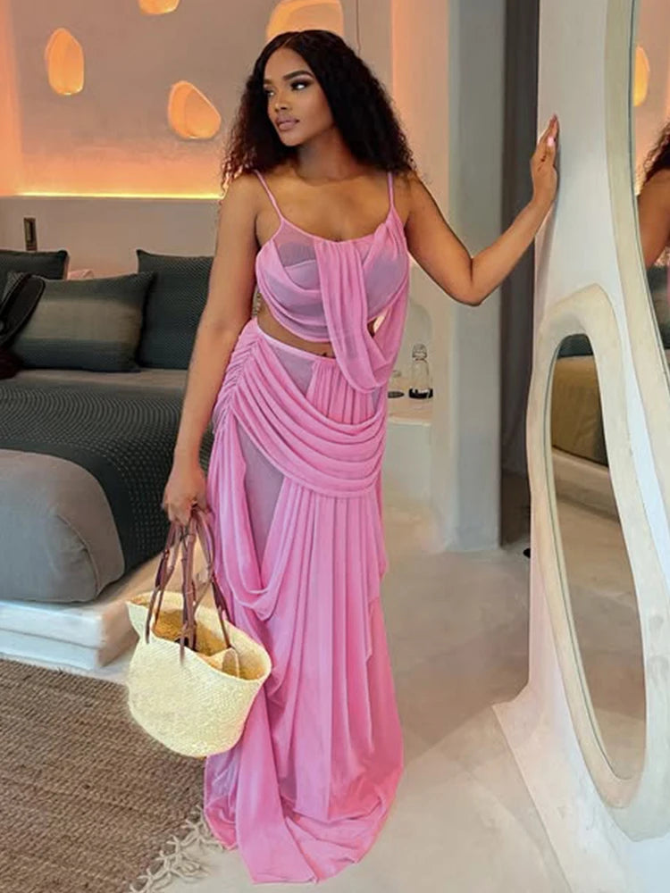 Ruched Set With Backless Camisole Top And Elastic Waist Skirt