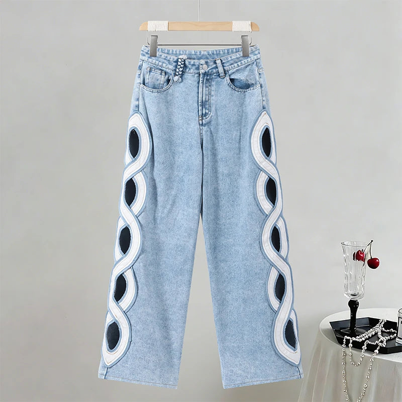 Side Hollow Out High Waist Jeans With Straight Leg Denim