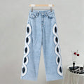 Side Hollow Out High Waist Jeans With Straight Leg Denim