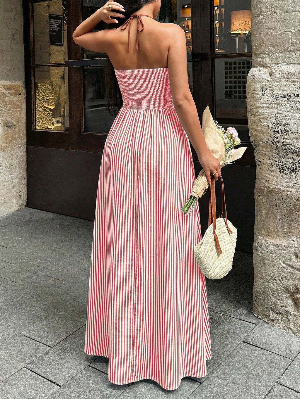 Sea Breeze Striped Deep V Beach Dress With Backless Sleeveless Maxi
