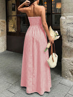 Sea Breeze Striped Deep V Beach Dress With Backless Sleeveless Maxi