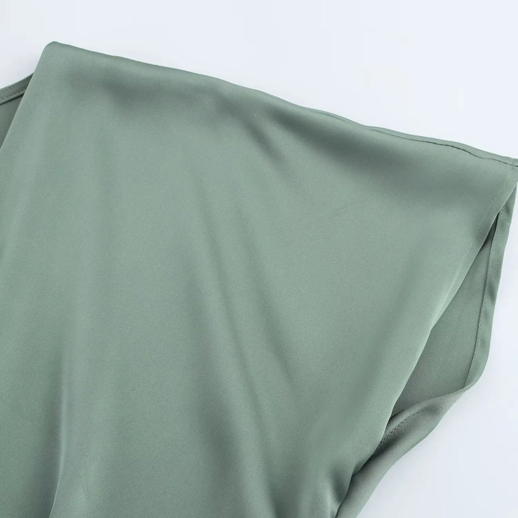 Elegant l Solid Satin Midi Dress With V Neck And Short Sleeves