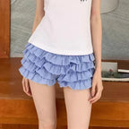 Layered Ruffle Plaid Shorts Lolita-Inspired Vintage Bloomers with Low Waist