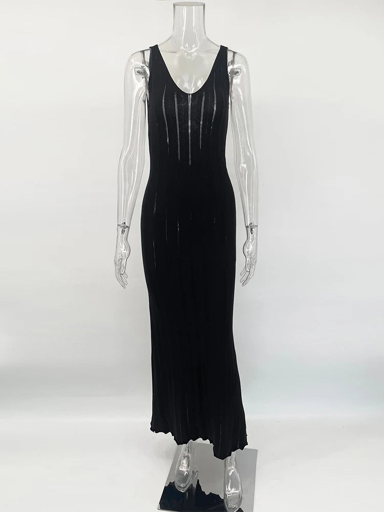 Backless Knit Maxi Dress With V Neck Sleeveles Long Gown