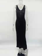 Backless Knit Maxi Dress With V Neck Sleeveles Long Gown