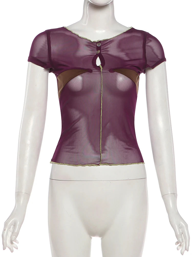 Sexy Mesh Patchwork Button o-Neck Mini Sleeve Top