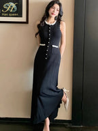 Floral Pearl Knit Maxi Dress Sleeveless O-Neck With Pleated Details