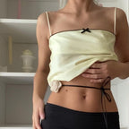 Retro Aesthetic Satin Cami Top With Bowknot Front Spaghetti Straps Cropped