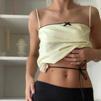 Retro Aesthetic Satin Cami Top With Bowknot Front Spaghetti Straps Cropped