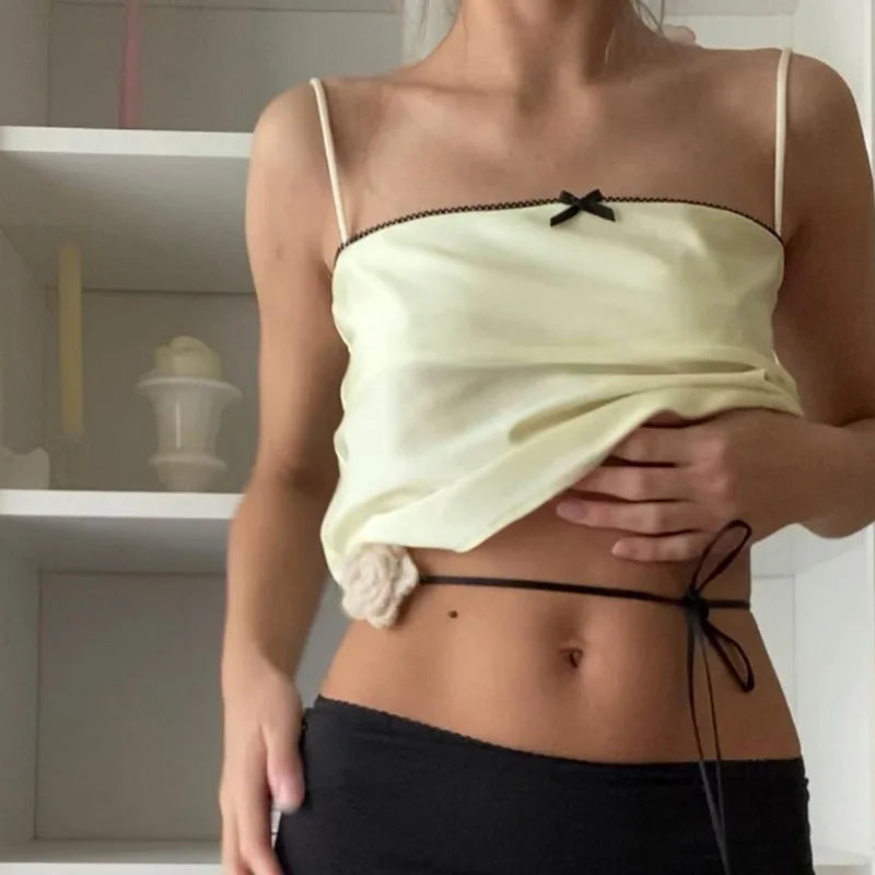 Retro Aesthetic Satin Cami Top With Bowknot Front Spaghetti Straps Cropped