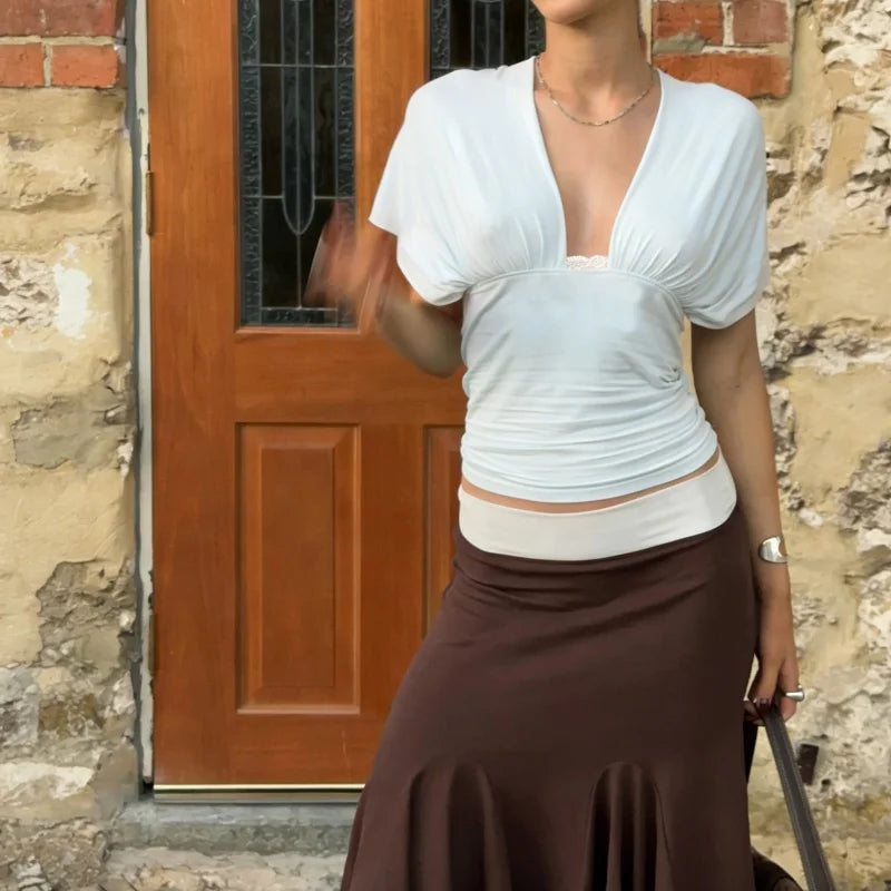 Womens Y2K Ruched Off The Shoulder Wrap Top With Cinched Waist Tie Back Halter