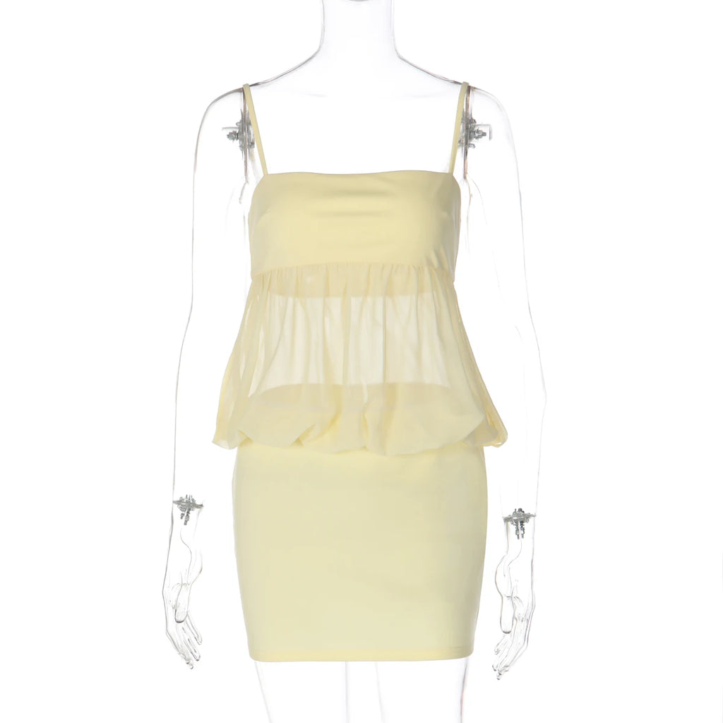 Backless Chiffon Patchwork Suspender Mini Dress With Sheer Panels