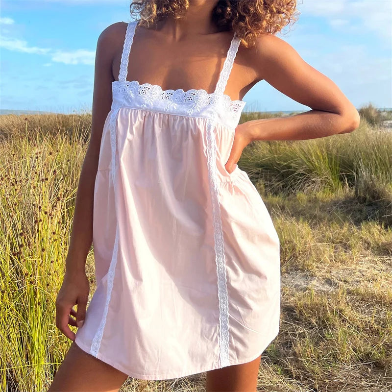 Lace Trim Mini Dress With Ruffle Babydoll Silhouette Spaghetti Strap Boho Sundress