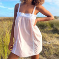 Lace Trim Mini Dress With Ruffle Babydoll Silhouette Spaghetti Strap Boho Sundress