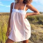 Lace Trim Mini Dress With Ruffle Babydoll Silhouette Spaghetti Strap Boho Sundress