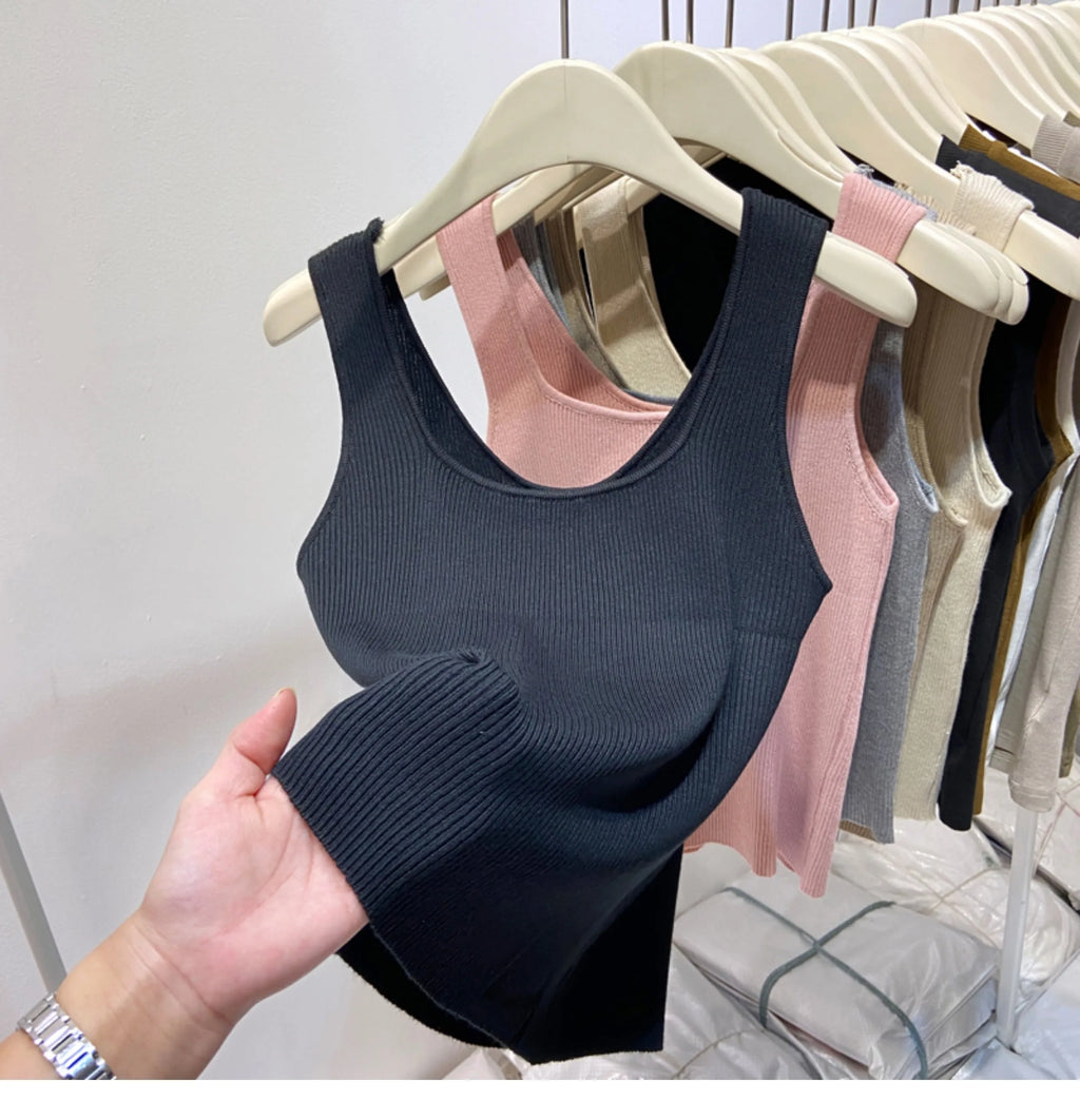 Knitted Strap Top With Clavicle Square Collar