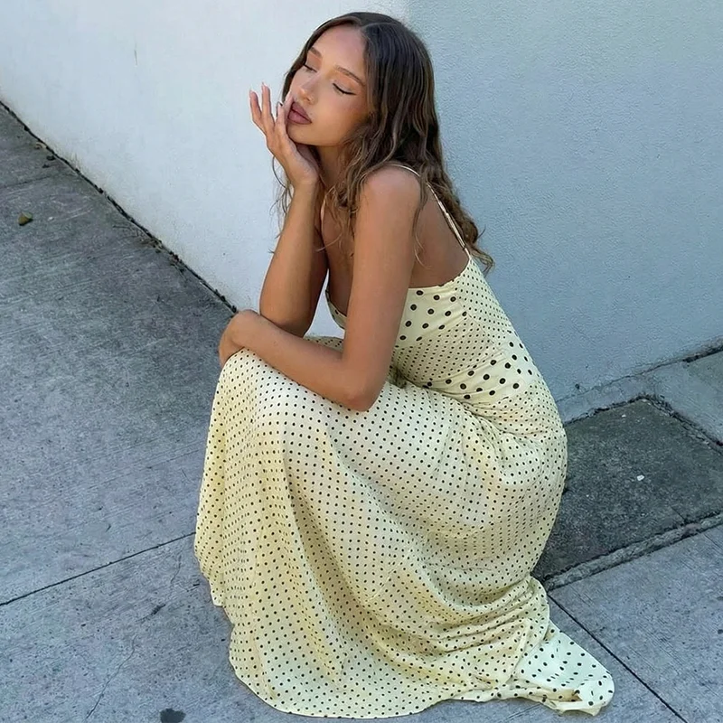 Backless Lace Up Polka Dot Maxi Dress