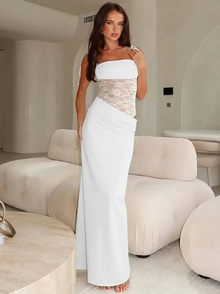 Backless Hollow Mesh Spaghetti Strap Gown Elegant Long Evening Dress