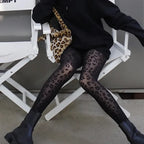 Leopard Pattern Sheer Pantyhose In Gothic Black Silky Finish Vintage Look Stockings