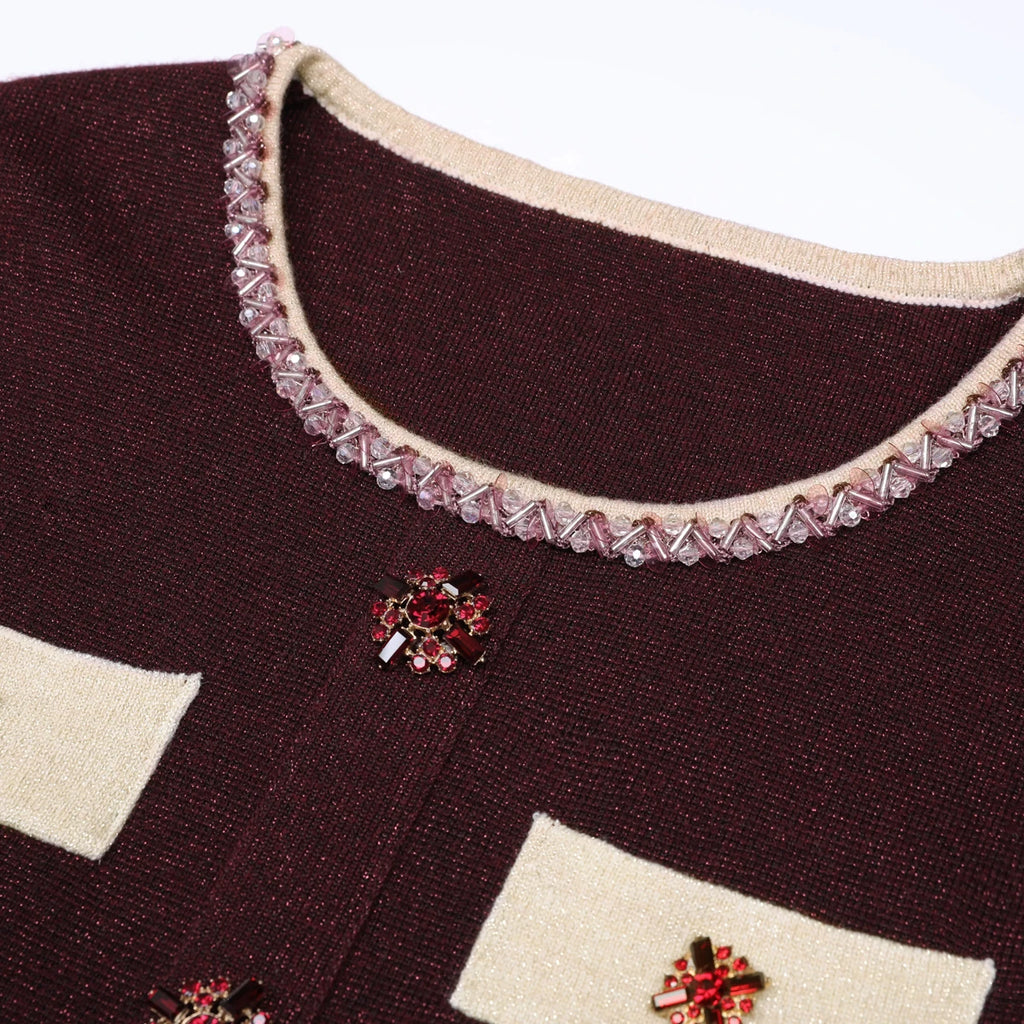 Diamond Buckle Knit Top With Elastic Fit Long Sleeve Pullover Round Neck For Women
