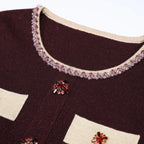 Diamond Buckle Knit Top With Elastic Fit Long Sleeve Pullover Round Neck For Women