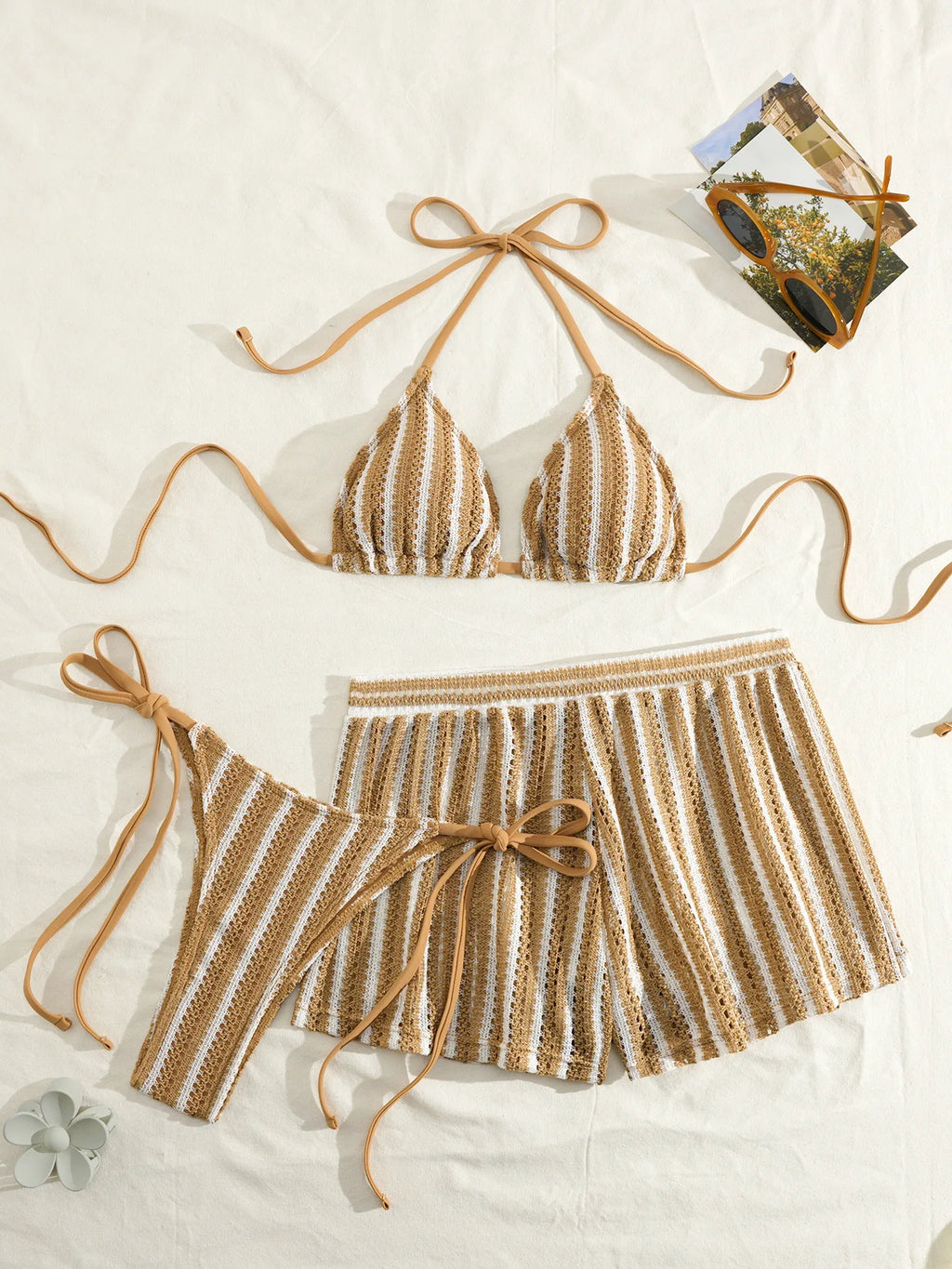 Retro Striped 3 Pieces Knitted Mesh String Bikini Set Swimsuit
