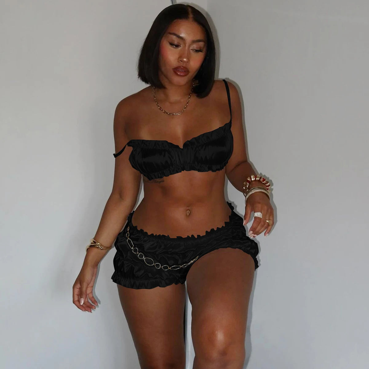 Pleated Shorts Set With Strappy Crop Top