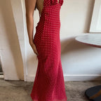 Polka Dot V Neck Maxi Dress With Tie Back And Scarf A Line Silhouette