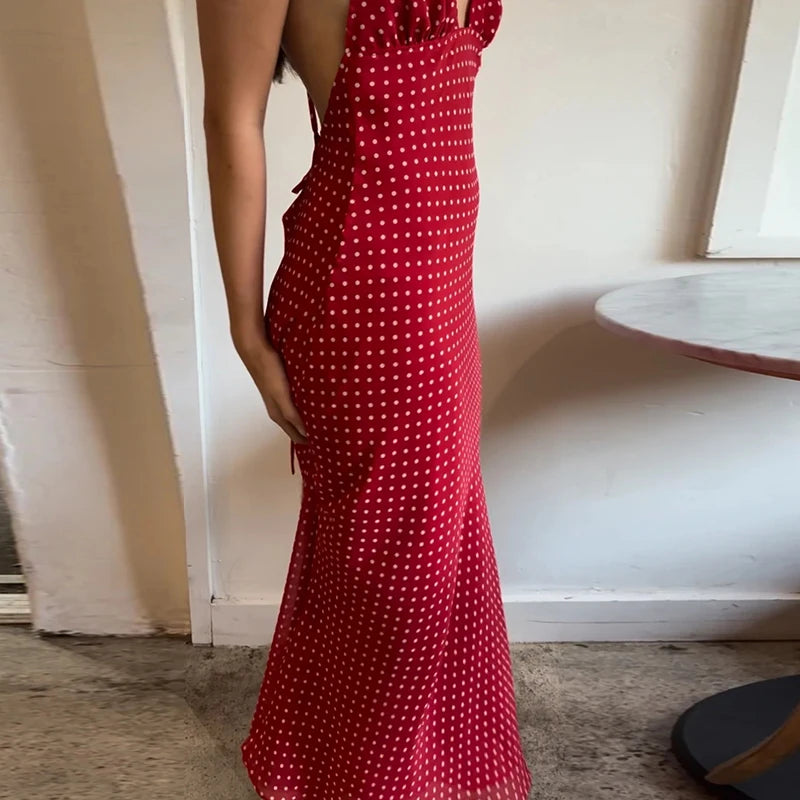 Polka Dot V Neck Maxi Dress With Tie Back And Scarf A Line Silhouette