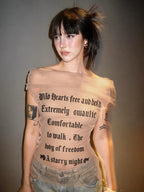 Midnight Letter Print Mesh Patchwork Top With Backless Design For Women Streetwear Mood