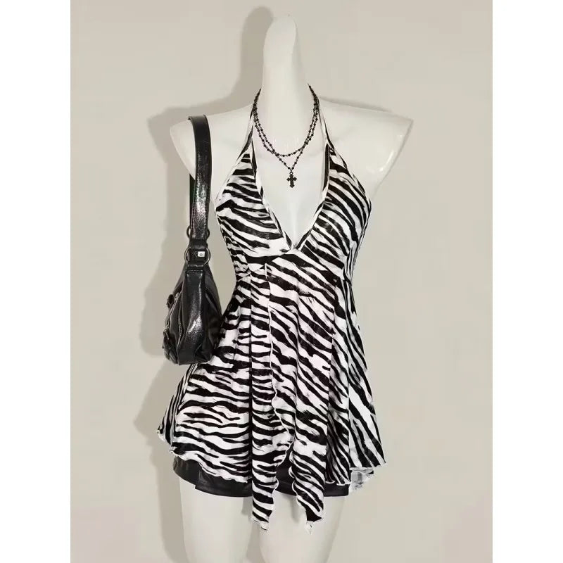 Zebra Print V Neck Backless Halter Top