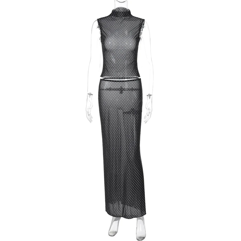 Vintage Polka Dot Dress Set With See Through Top And Long Skirt For Summer Parties