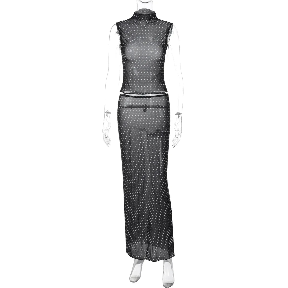 Vintage Polka Dot Dress Set With See Through Top And Long Skirt For Summer Parties