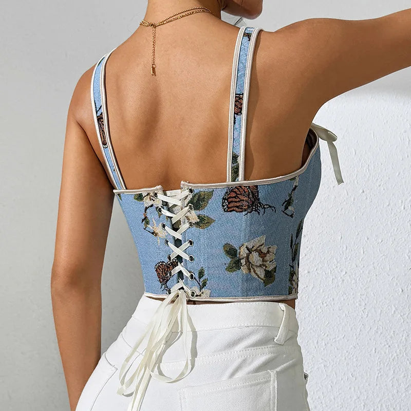 French Floral Print Corset Top With Double Straps Vintage Bustier Shaper