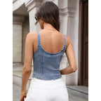 Sexy Denim Zip Up Tank Top Sexy Low Collar Slim Fit Short Jean Vest Strap Backless