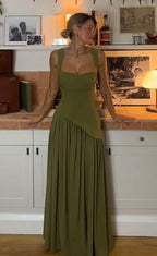 Olive Green Maxi Dress With Scarf Flowy Silhouette