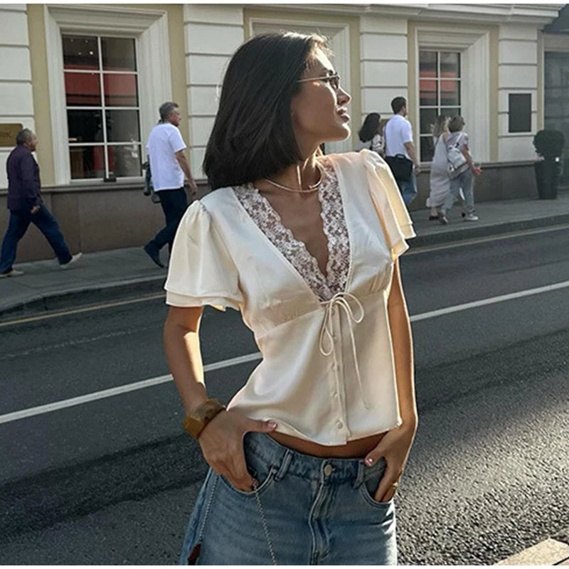 Lace Splicing Female Chic Bow Lace-up V Neck Short Sleeve Shirt