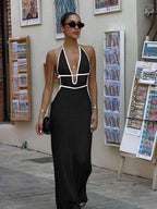 Backless Halter Dress in Color Block Lace Up
